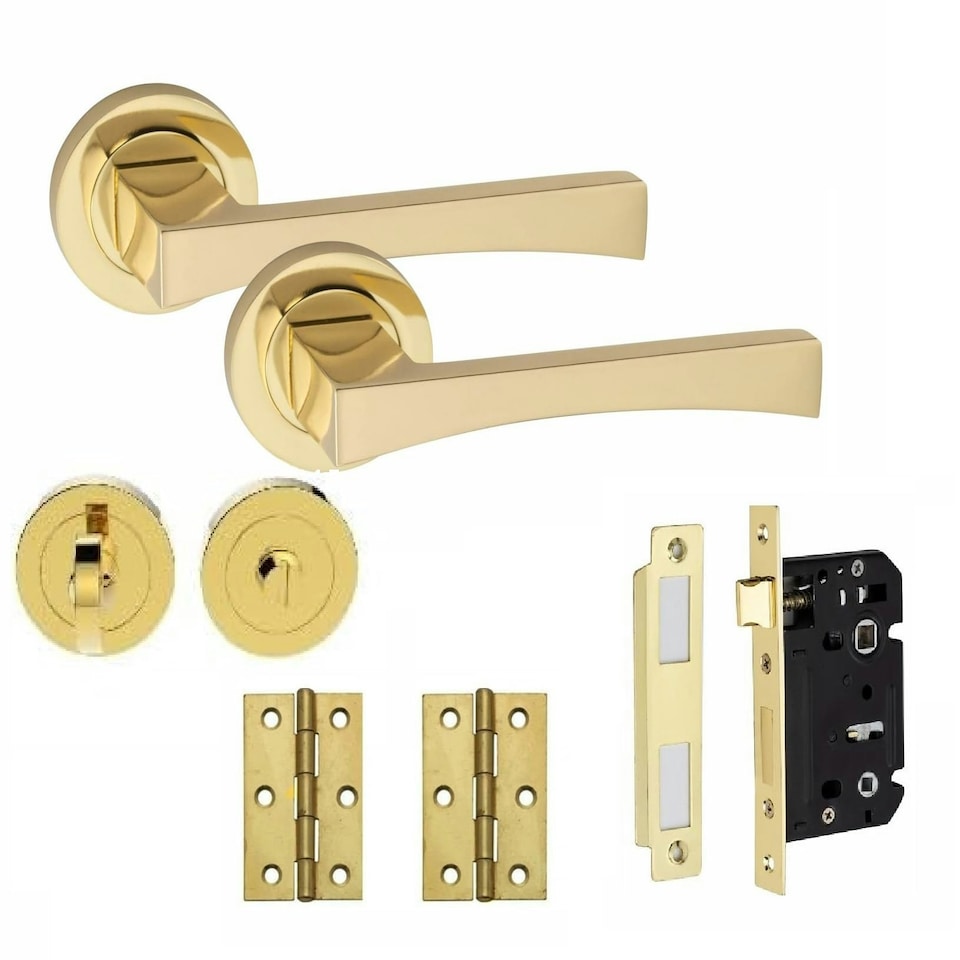 image 1 of Golden Grace Wave Design Bathroom WC Toilet Door Handles Set on Round Rose in Electro Brass Finish with 64mm Mortise Lock, 3" Standard Butt Hinges and Thumbturn Gold