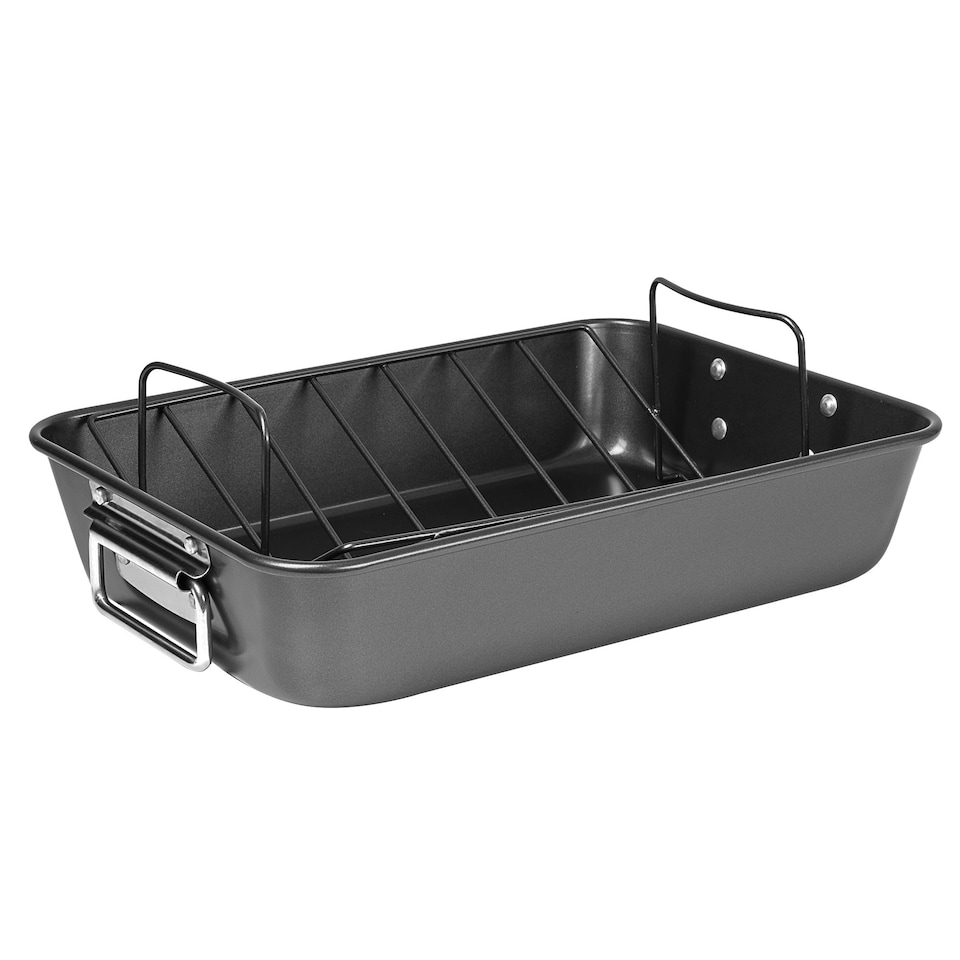 image 1 of ProChef 15" Non-Stick Carbon Steel Roasting Pan with V Rack Heavy-Duty Tray Black | L