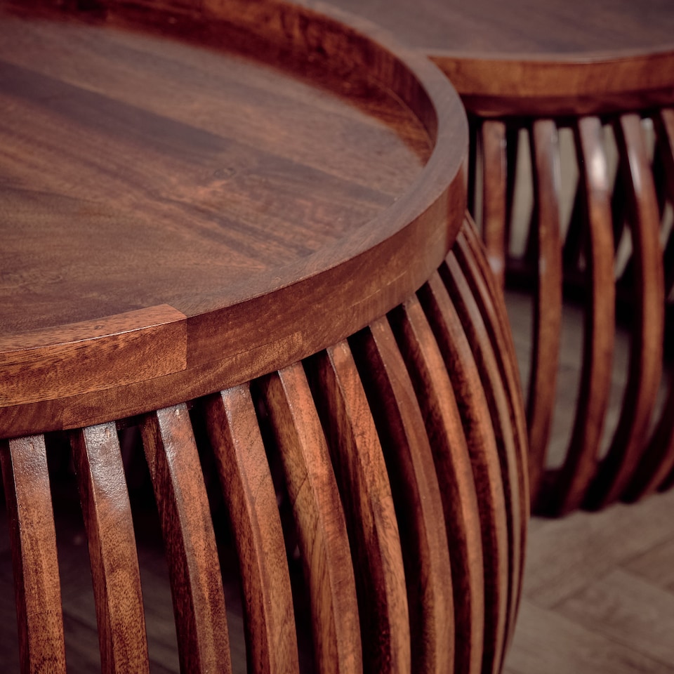 image 1 of Set of 2 Solid Mango Wood Round Coffee Tables – Medium Oak Finish Nesting Living Room Tables, Fully Assembled Rustic Modern Drum Style Side Tables, No Veneer Wooden Accent Furniture