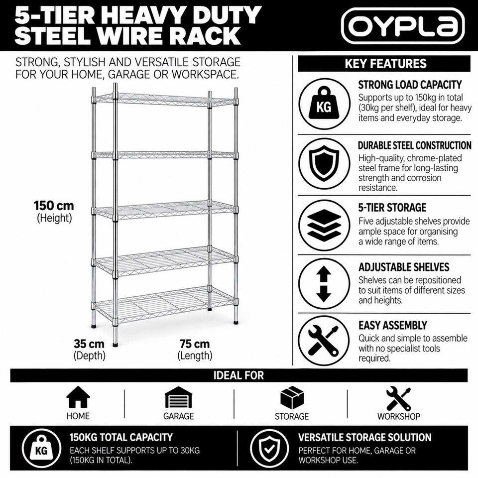 image 1 of 5 Tier Heavy Duty Steel Wire Rack Shelf Storage Shelving Unit