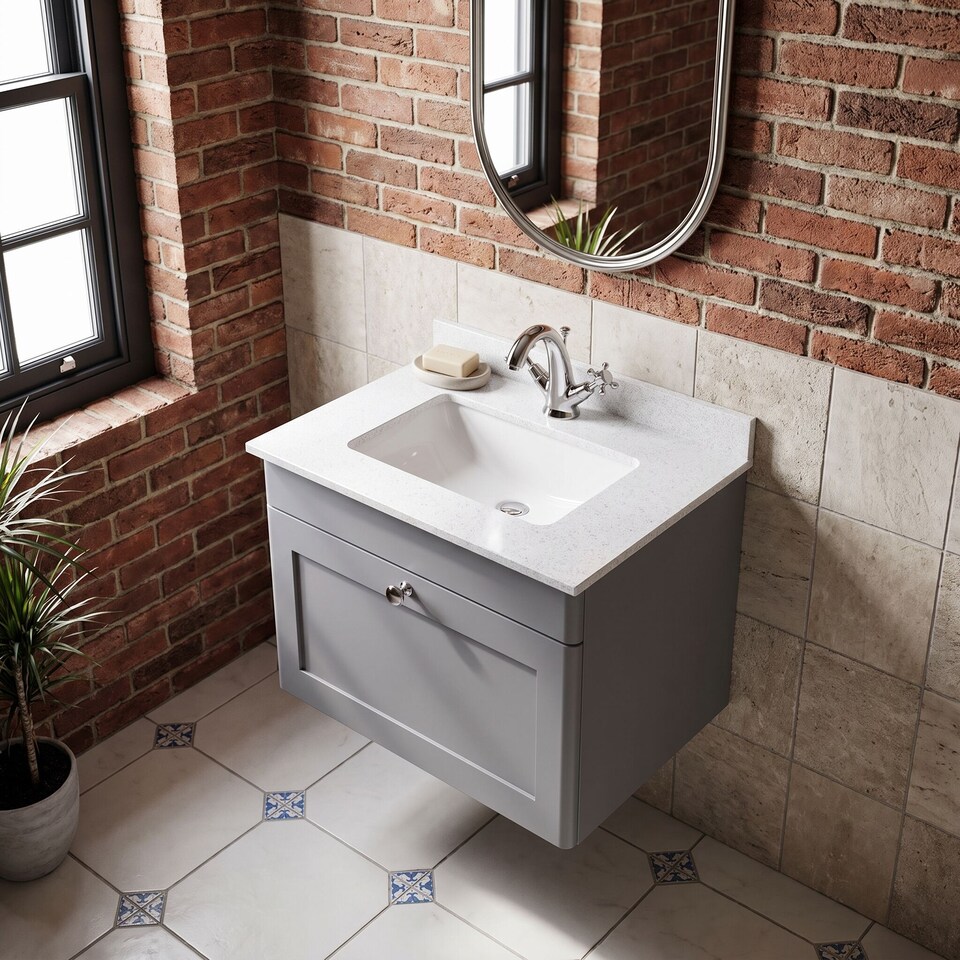 image 1 of Balterley Swynnerton Traditional 1 Drawer Wall Hung Vanity Unit with Marble Basin, Satin Grey, 600mm