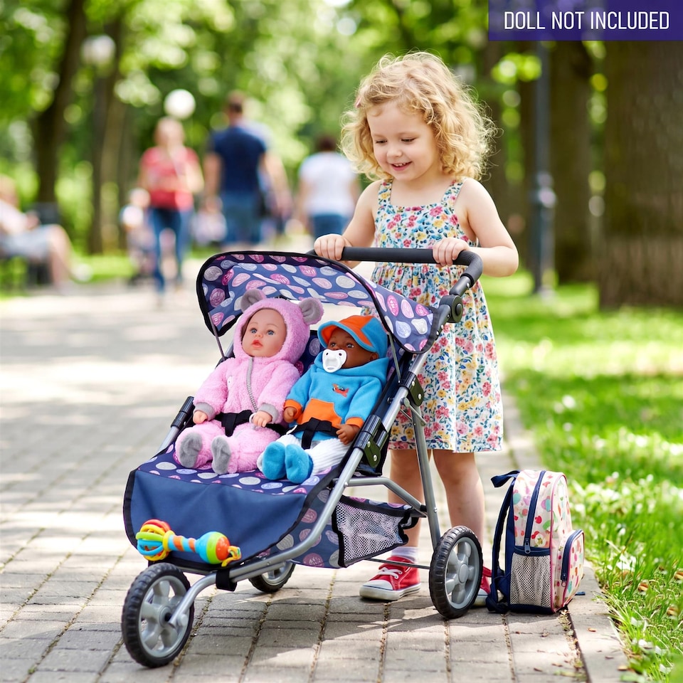 image 1 of BiBi Doll 3 Wheeler Twin Dolls Blue Pushchair Toy with Canopy & Basket For Up To 20" Dolls