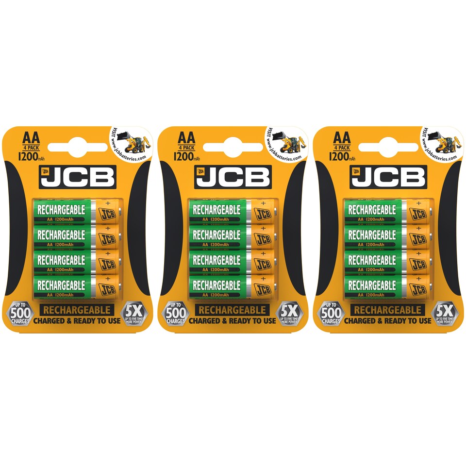 3x JCB AA 1200mAh Rechargeable Batteries - Pack of 4 | Multi | AA | 4