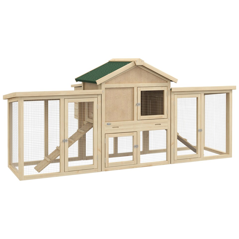 image 1 of PawHut Large Chicken Coop with Run Garden Hen House Poultry Coops Cages with Nesting Box Wooden 204 x 85 x 93cm, Natural Wood Finish