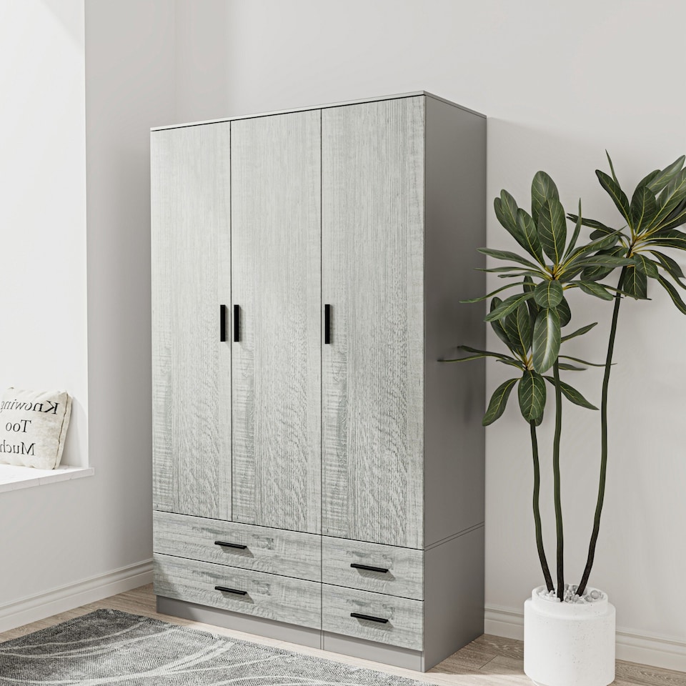 image 1 of 3 Door 4 Drawer Wardrobe With Hanging Rail And Storage Shelf | Grey | Grey Carcass & Ash Grey Door | 1