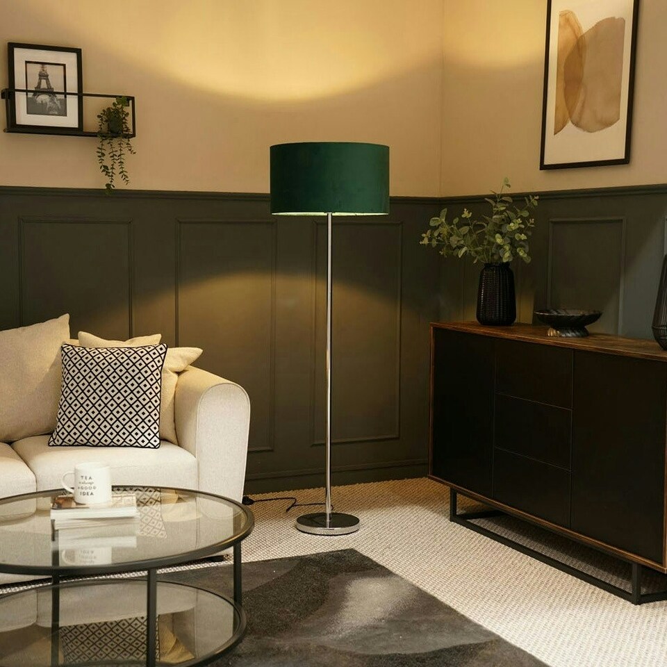 image 1 of ValueLights Charlie Chrome Floor Lamp Green Drum Shade & Bulb Green
