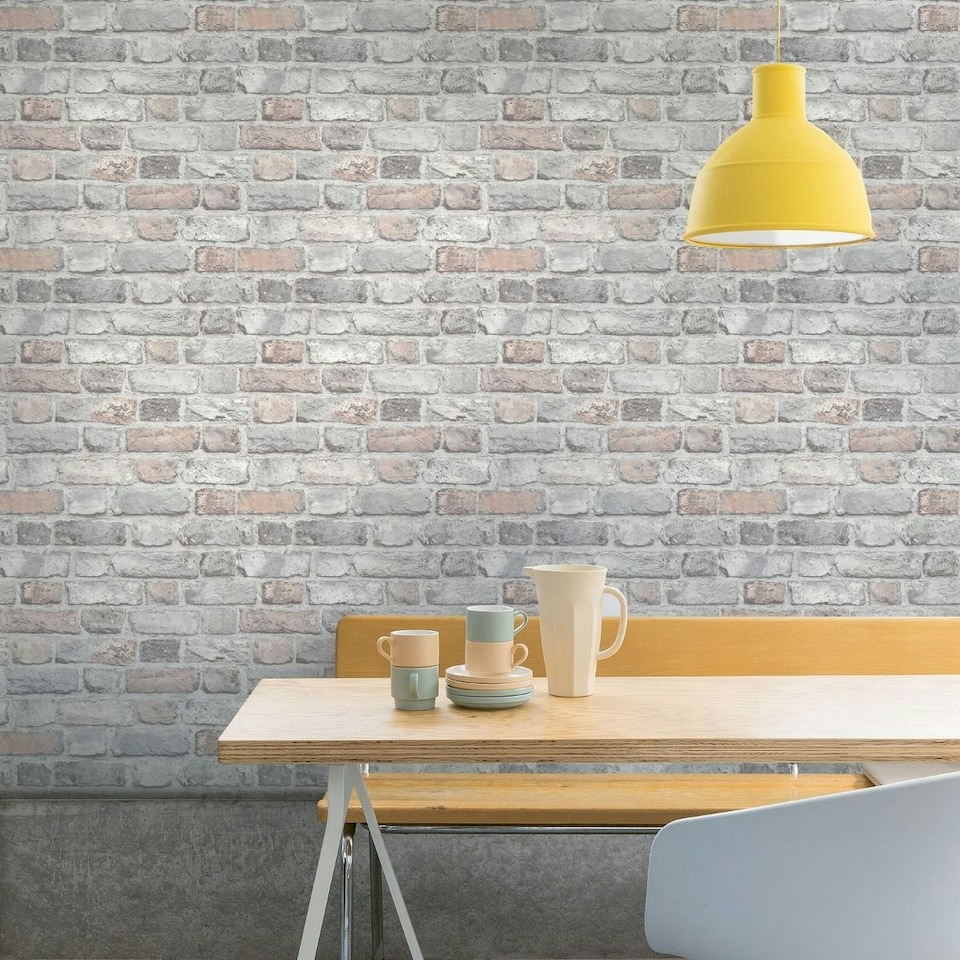 image 1 of Grandeco Brick Effect Vinyl Wallpaper - Pastel Grey/Pink - One Size | Green