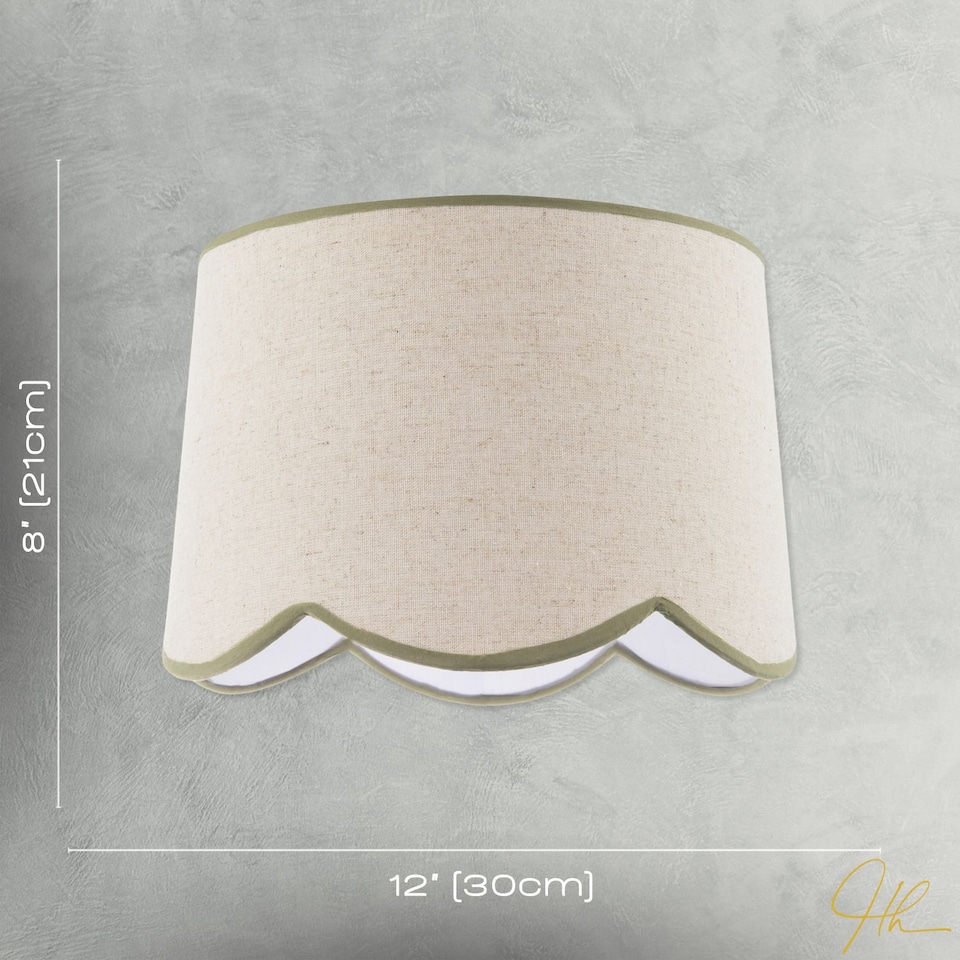 image 1 of Natural Oatmeal Textured Linen Scallop Lamp Shade with Olive Trims | Green | Olive Green | 1