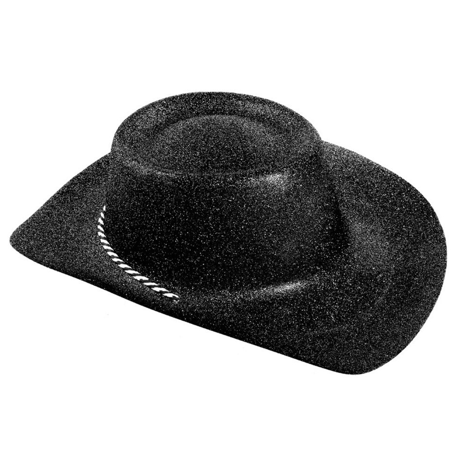 image 1 of Pack of 12 Black Glitter Cowboy Hat Black | One Size