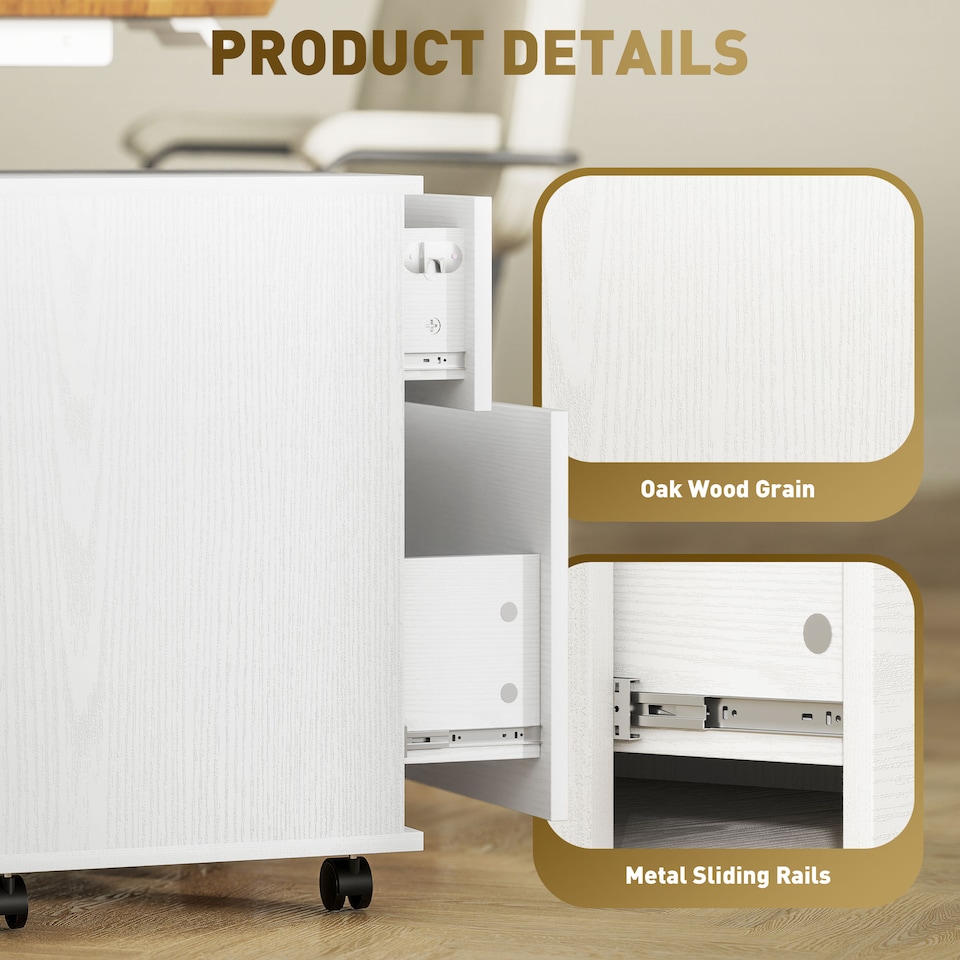 image 1 of HOMCOM 2 Drawer Lockable Filing Cabinet with Wheels, Mobile Filing Cabinet for Home Office, Small Printer Stand, White Wood Grain