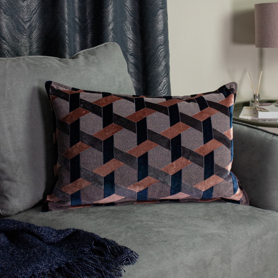 image 1 of Paoletti Delano Velvet Jacquard Cushion, Blush/Navy, 40 x 60cm