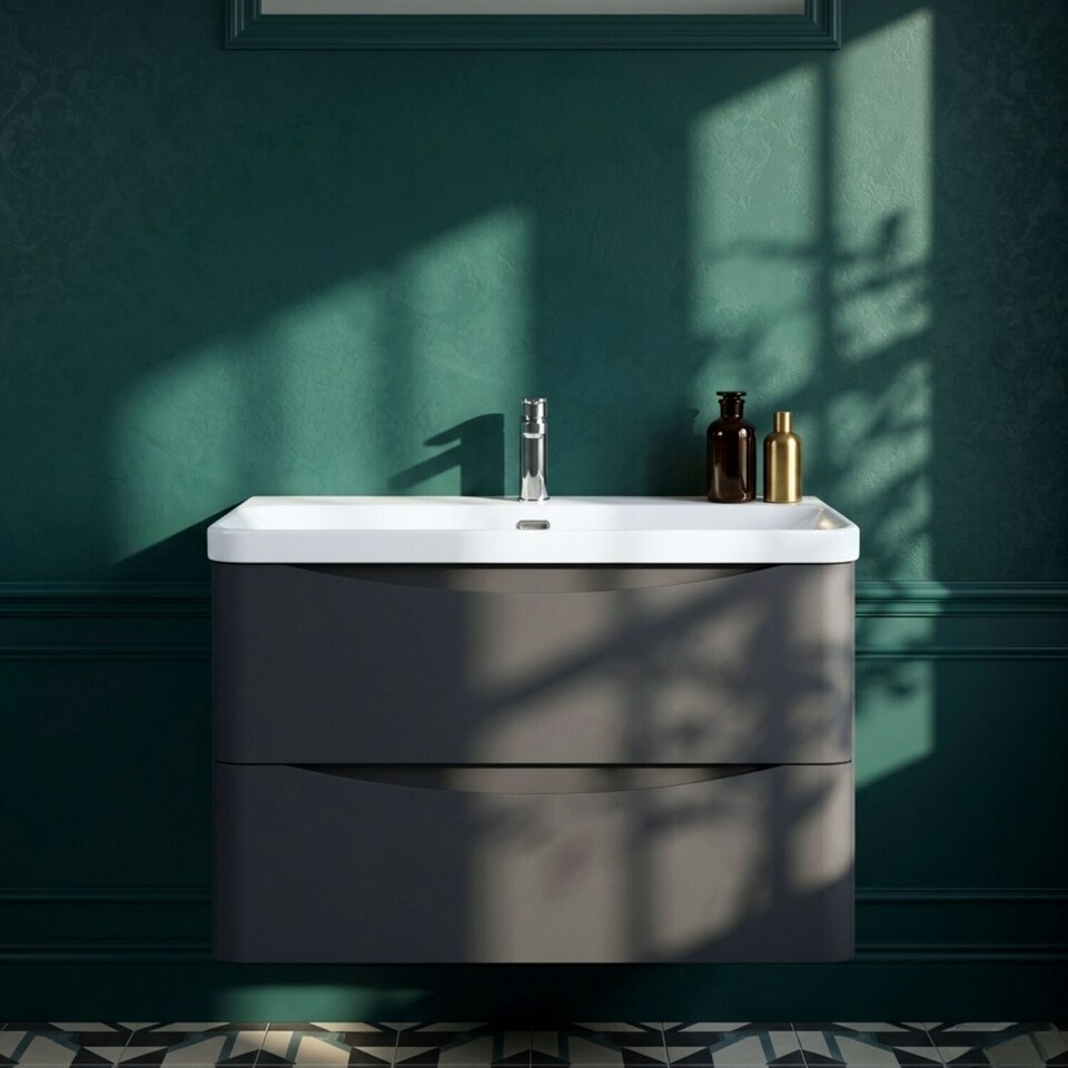 image 1 of Balterley Arch Modern Bathroom Wall Hung 2 Drawer Vanity Unit & Thin Edge Ceramic Basin | Grey | Satin Soft Black