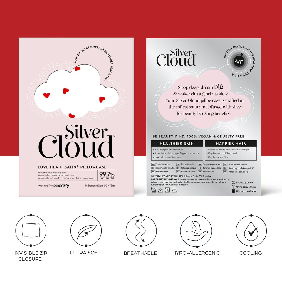 image 1 of Silver Cloud Heart Print Satin Pillowcase Twinpack