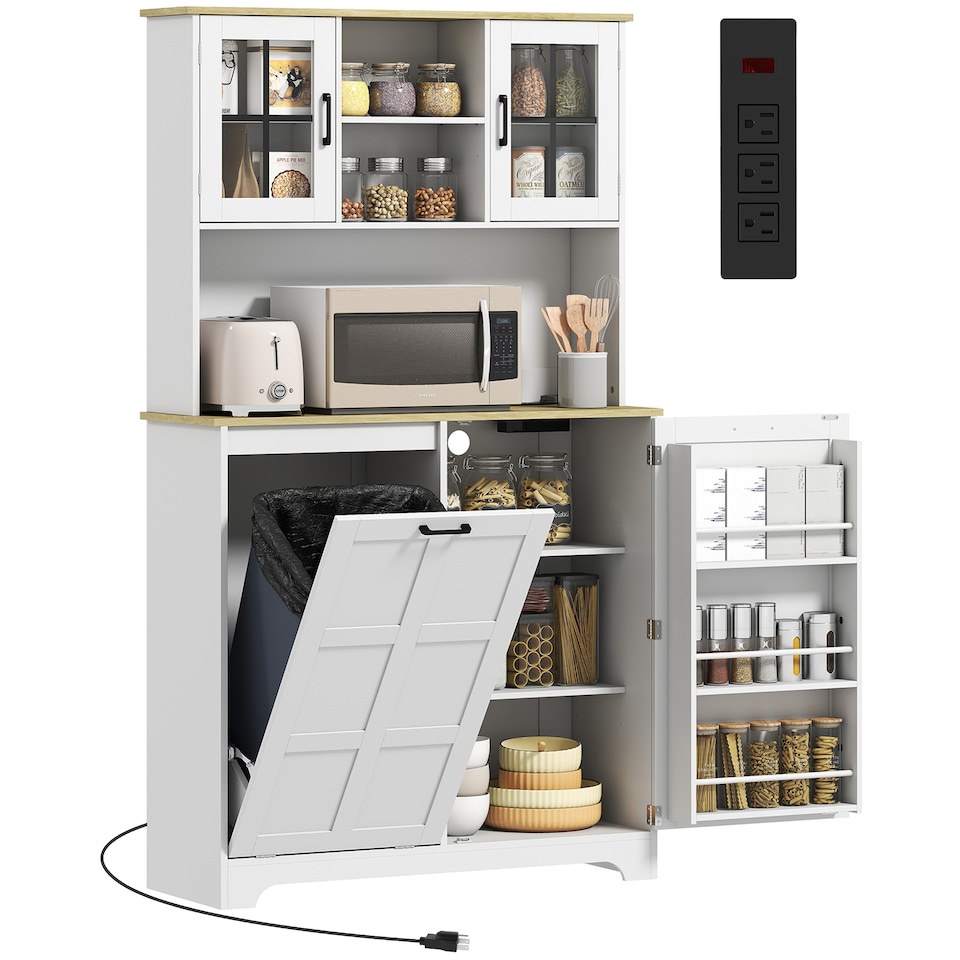image 1 of HOMCOM 175cm Tall Kitchen Cabinet with Charging Station, Rubbish Bin, White