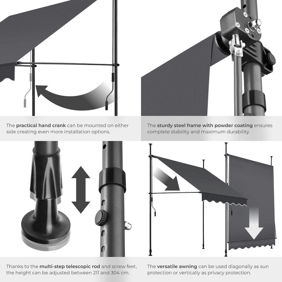 image 1 of Awning with hand crank - pressure fitted , height adjustable Black | Grey | 180 x 150 cm