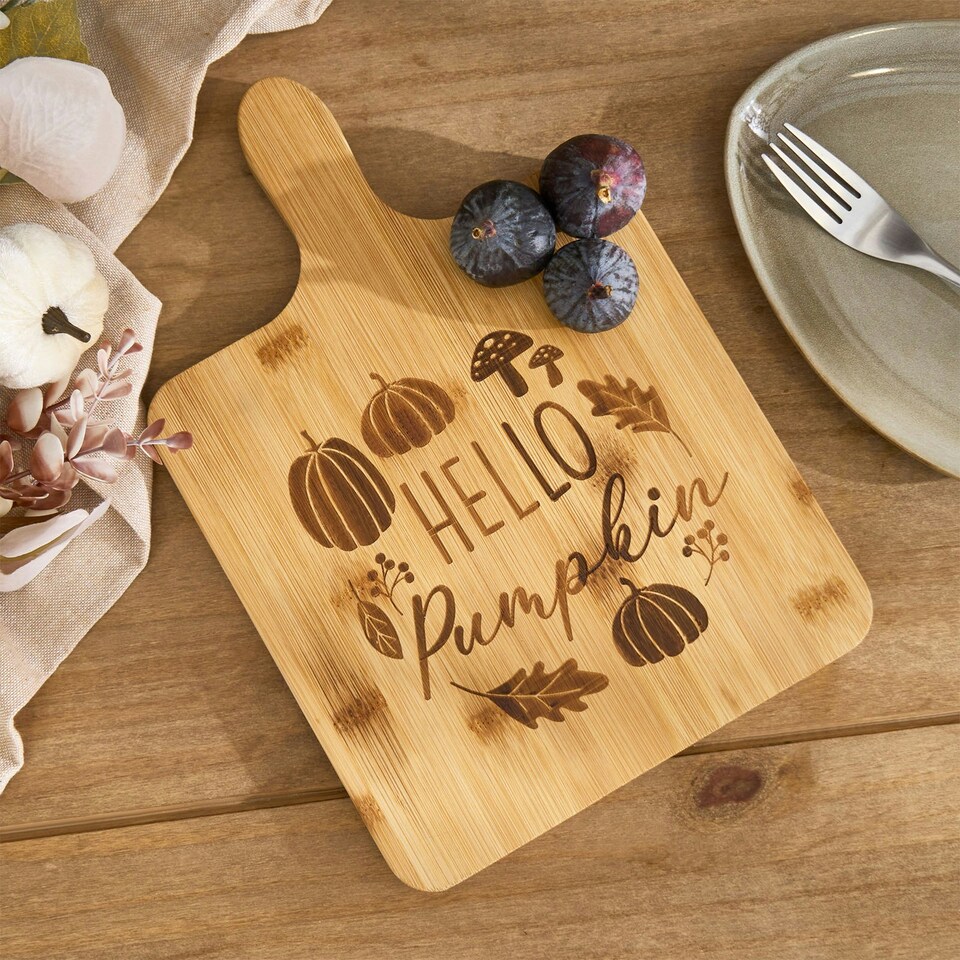image 1 of OHS Hello Autumn Fall Halloween Pumpkin Decor Bamboo Thick Wooden Cutting Board Serving Platter Tray Brown | Natural