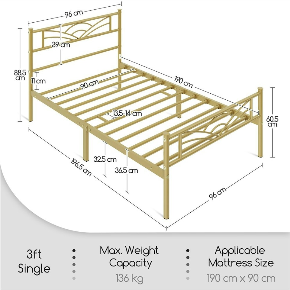 image 1 of Yaheetech Metal Platform Bed Frame with Cloud-inspired Design Headboard Antique Gold, 3ft Single