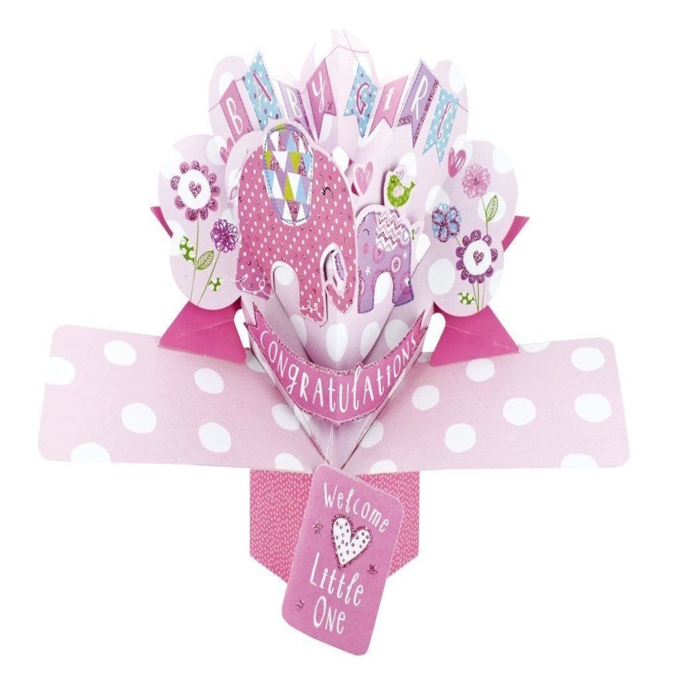 image 1 of Second Nature Pop Ups "Elephants" New Baby Girl Card with Pink Lettering