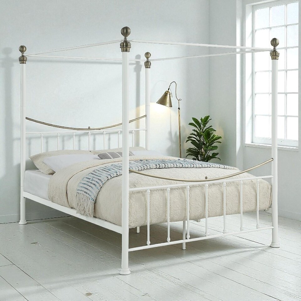 image 1 of Marylebone Traditional Four Poster Canopy Metal Bed Frame | White | White & Brass | King