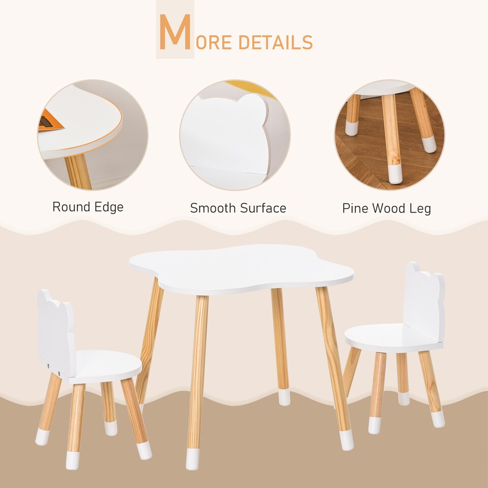image 1 of HOMCOM 3-Piece Kids Table and Chair Set with 2 Bear-Shaped Chairs | White