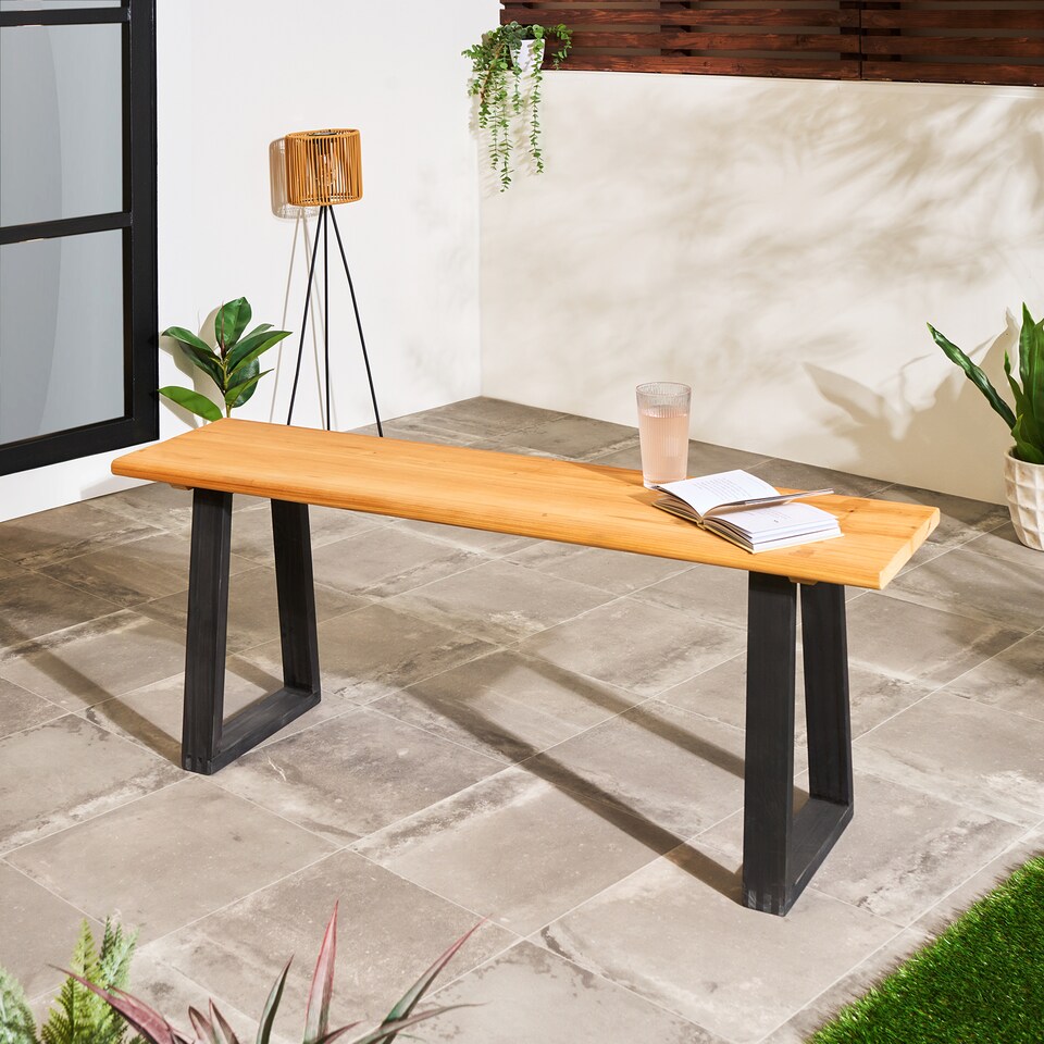 image 1 of OHS 3 Seater Wood Garden Bench Backless Outdoor Patio Rustic Chair Seat | Brown | Natural/Black