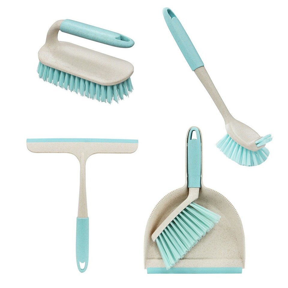 image 1 of JVL Pro Anti-Bac Cleaning Essentials, Mini Dust pan, Scrubbing, Dish Brush and Window Squeegee, Blue White