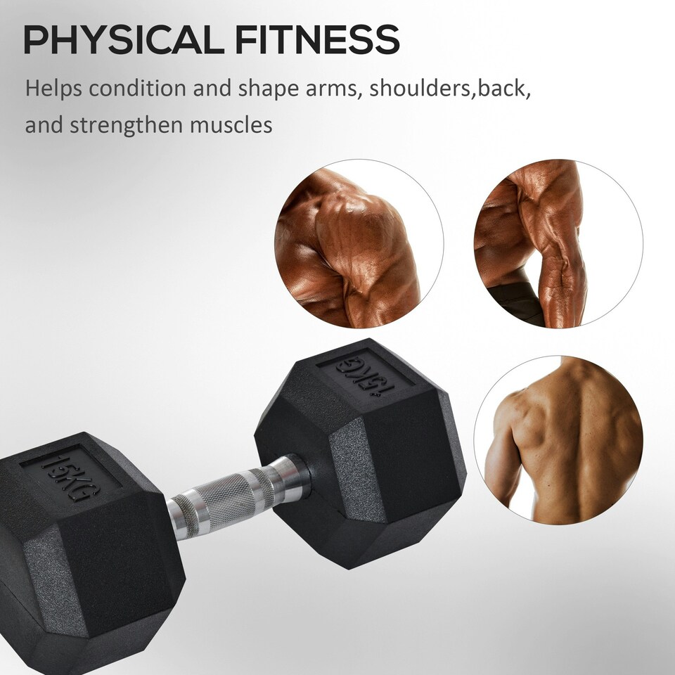 image 1 of HOMCOM 15KG Single Rubber Hex Dumbbell Portable Hand Weights for Home Gym