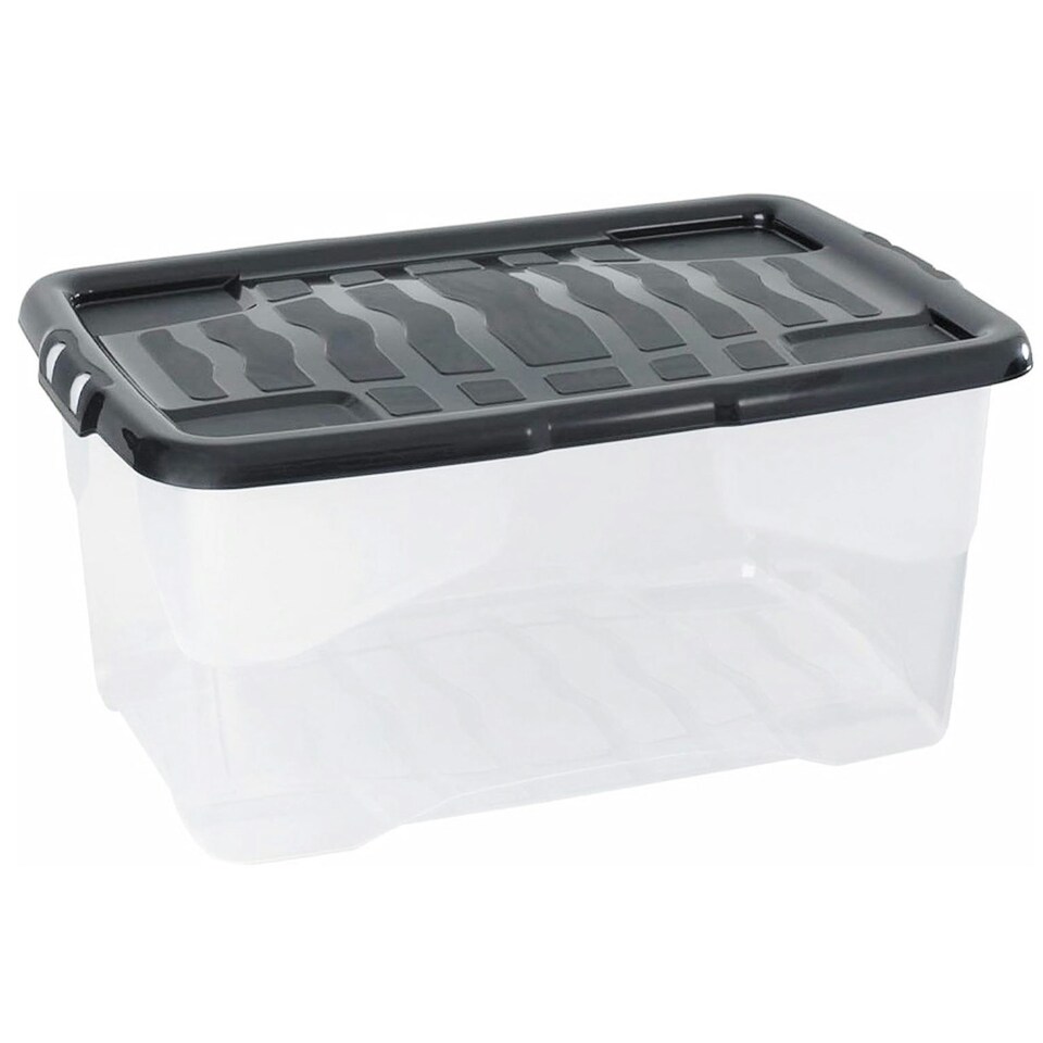 image 1 of Pack Of 5 Strong 30 Litre Clear Transparent Base Stackable Curve Underbed Plastic Storage Boxes With Black Lids Clear