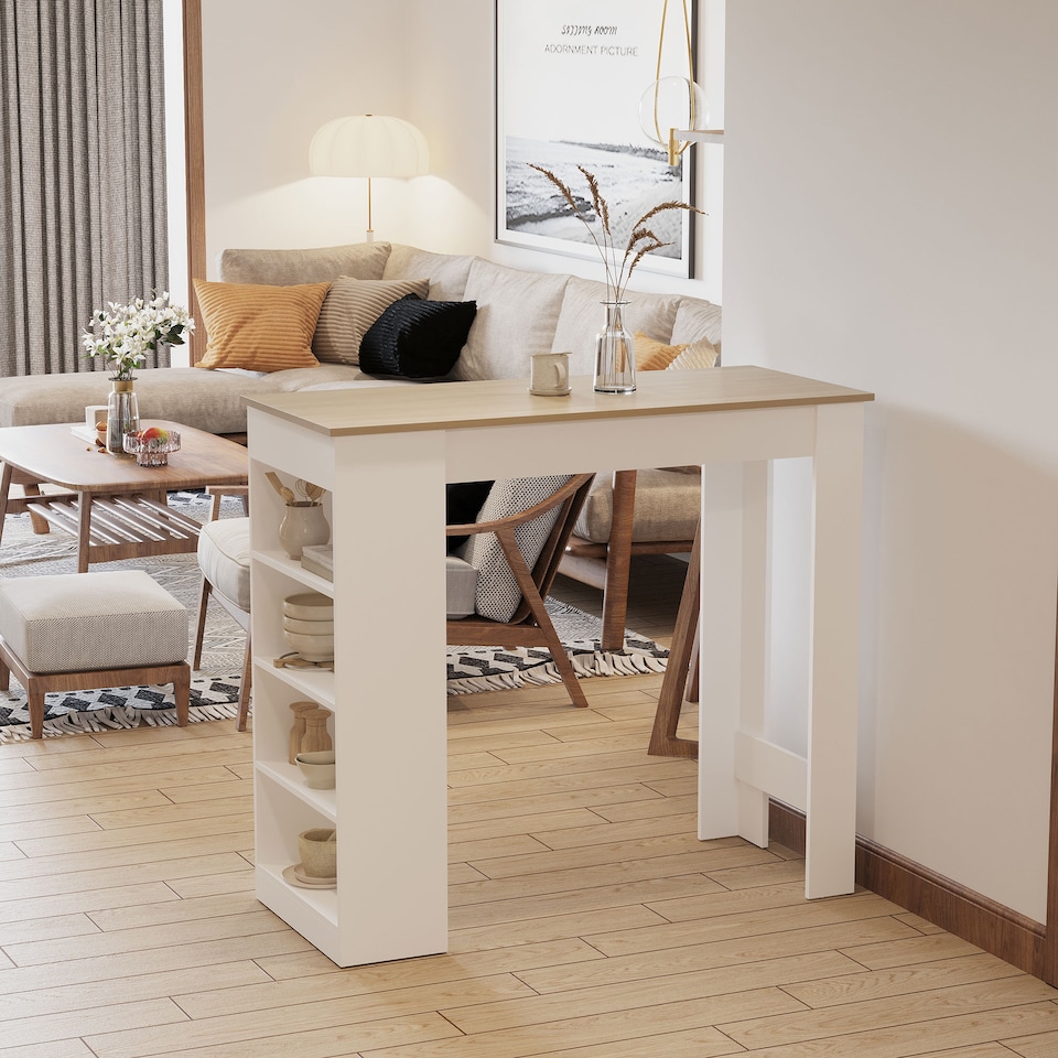 image 1 of HOMCOM Bar Table, Dining Table with 4-Tier Storage Shelf for Breakfast Bar, Kitchen, Dining Room, Living Room, Natural