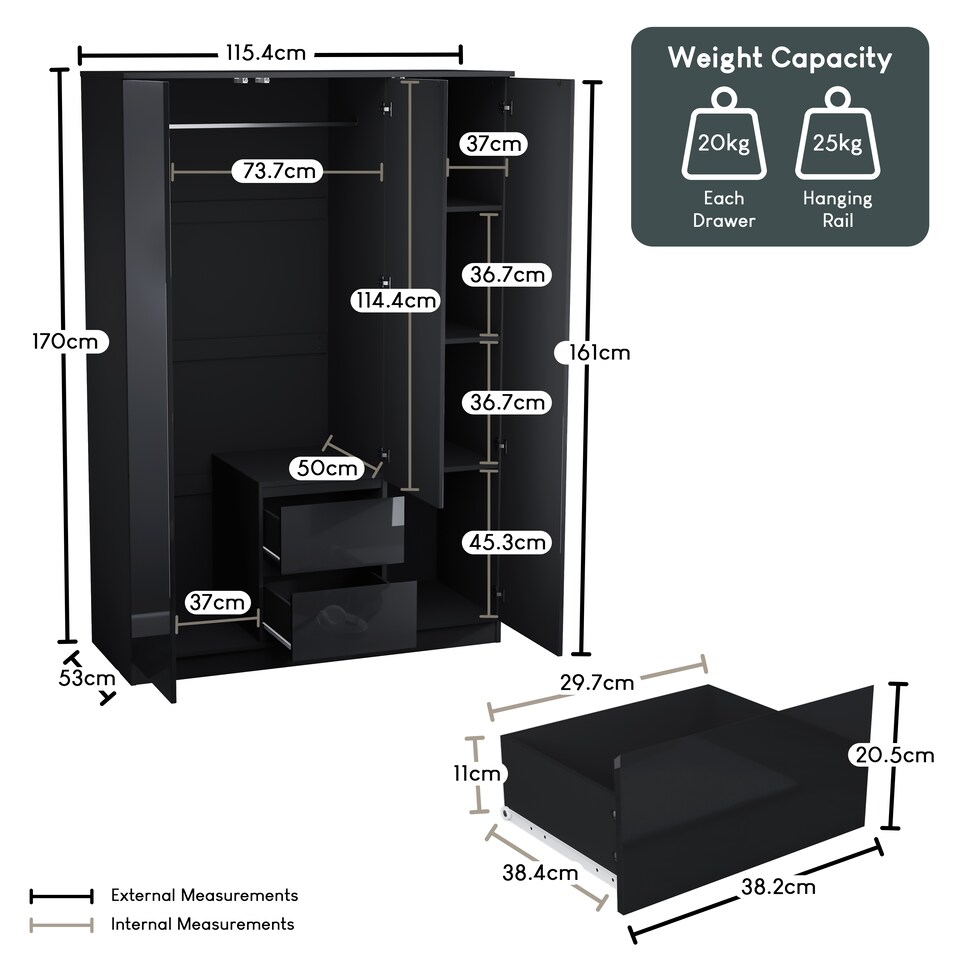 image 1 of Vida Designs Glinton 3 Piece FSC Certified Bedroom Set (2 Drawer Bedside Chest, 4 Drawer Chest, 3 Door 2 Drawer Wardrobe), Black | Black | Black | L | 3