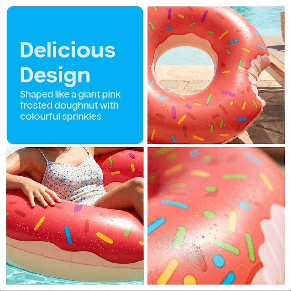 image 1 of Inflatable Pink Doughnut - 42 inches/107cm Donut with Pink Icing Design - Adults Kids Boys Girls Fun Summer Activity Pool Party Beach Day Swimming Toy Float