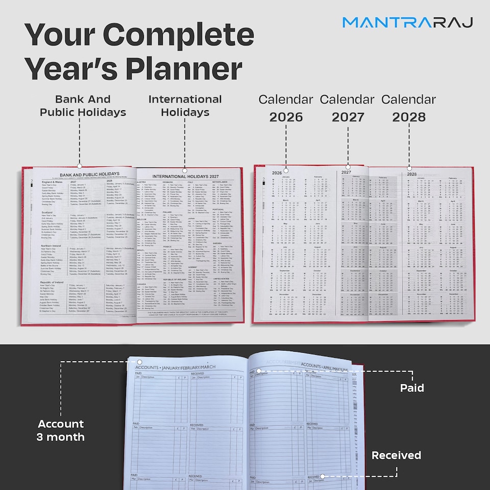 image 1 of MantraRaj 2027 Diary A5 Day a Page Hardback Casebound Cover Desk Diary Organiser Planner Red