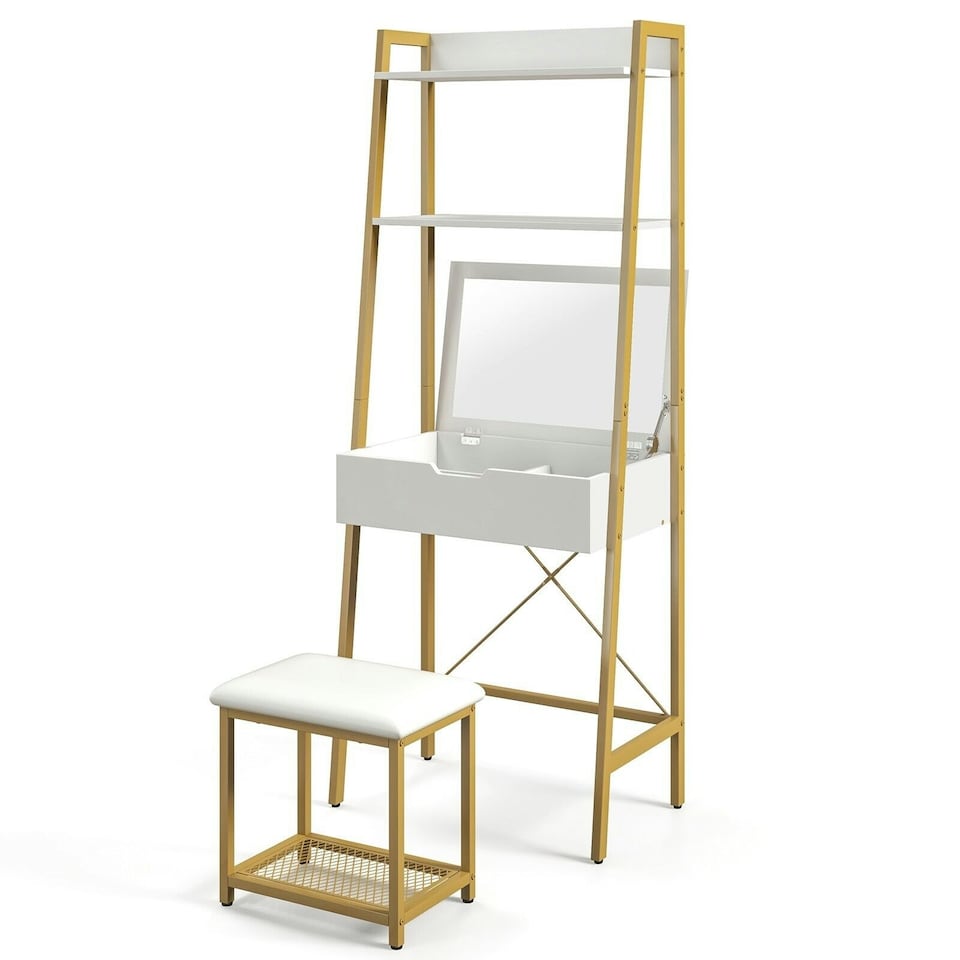 image 1 of COSTWAY 3 IN 1 Vanity Dressing Table Set Cushioned Stool | White