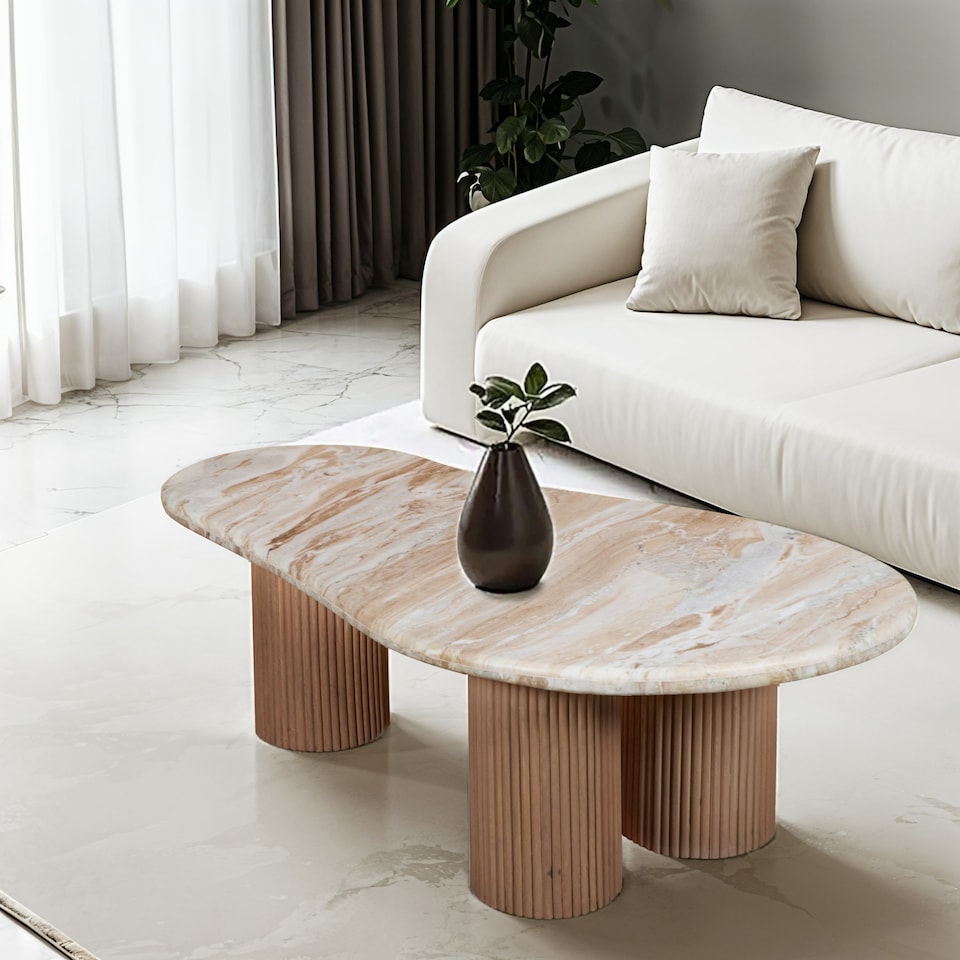image 1 of Bundi Natural Marble & Wood Pedestal Coffee Table Brown