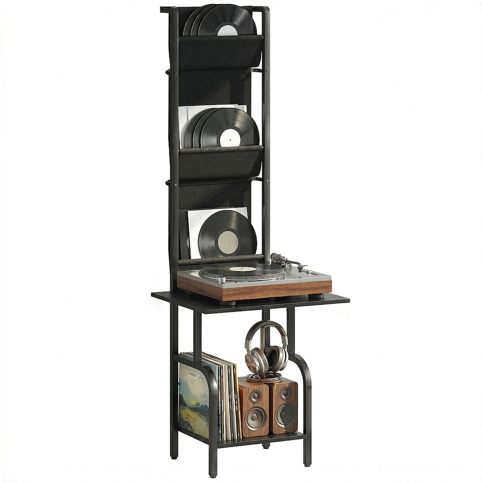 image 1 of HOMCOM Vinyl Record Player Stand with Oxford Pockets, Black