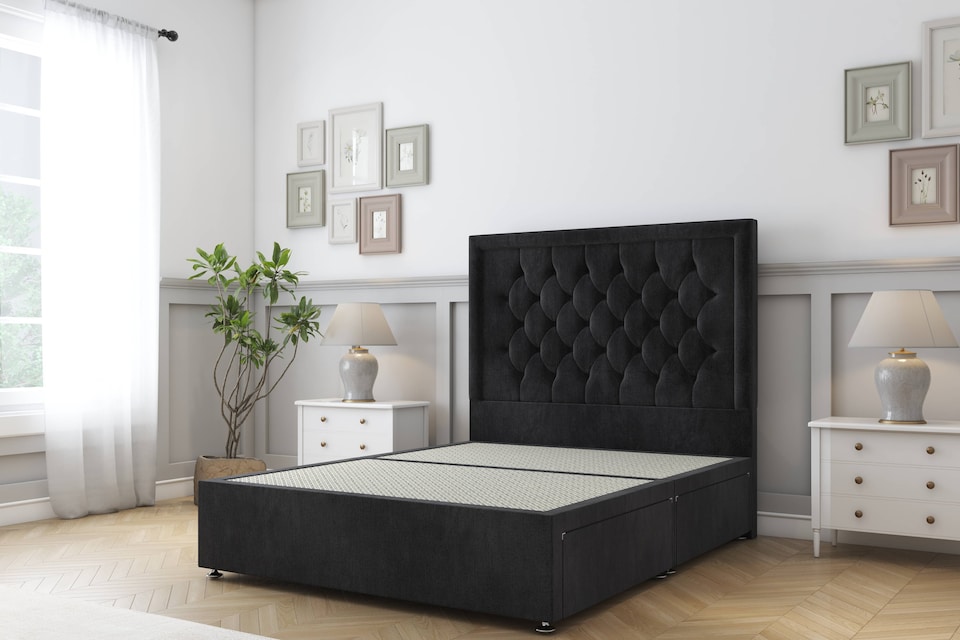 image 1 of Sloomy Montana Black Naples Divan Bed Base No Drawers With 54 Inch Floor Standing Headboard | Black | Black | Single | 1
