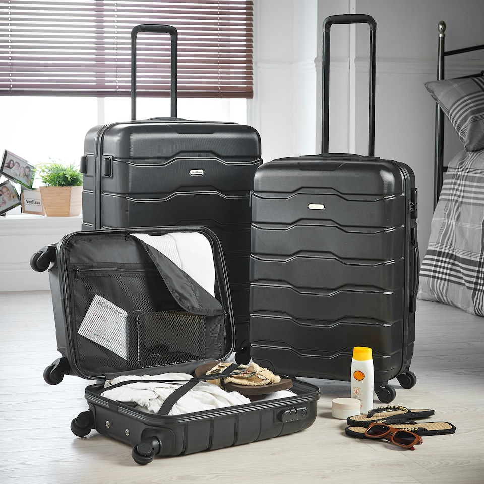 image 1 of VonHaus 3pc Black Luggage Set, 360° Silent Spinner Wheels