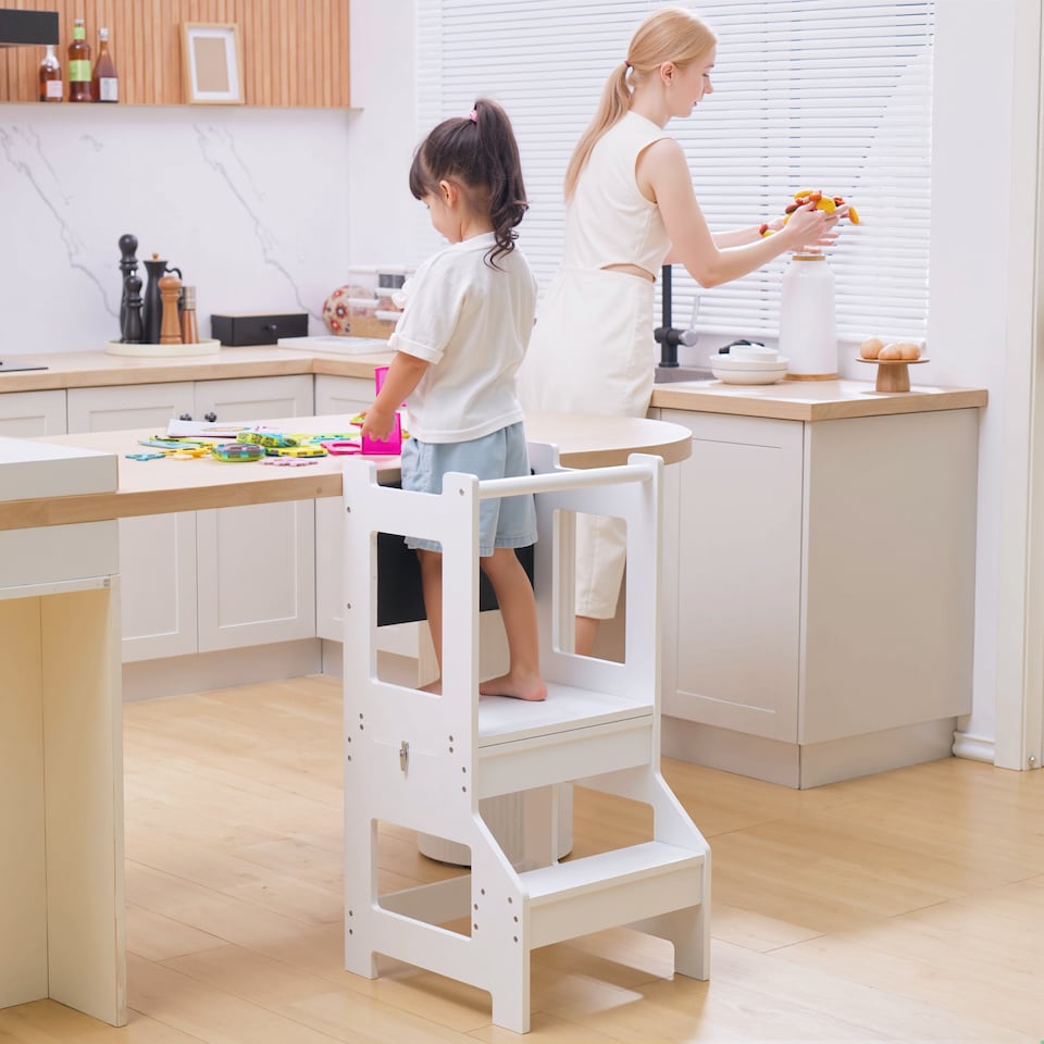image 1 of HOMCOM 2 in 1 Kids Kitchen Step Stool Helper with Safety Rail | White