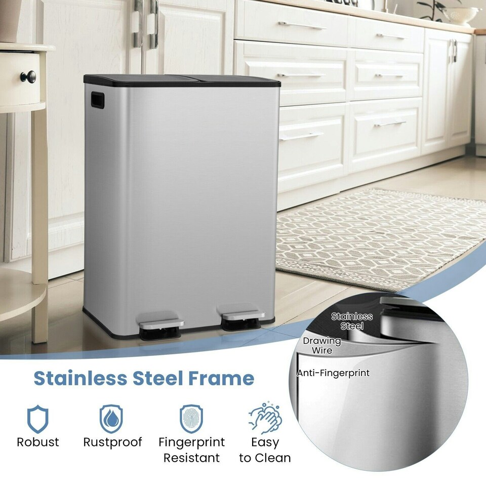 image 1 of COSTWAY 60L Dual Trash Can Bin with 2 Compartments Sliver Silver