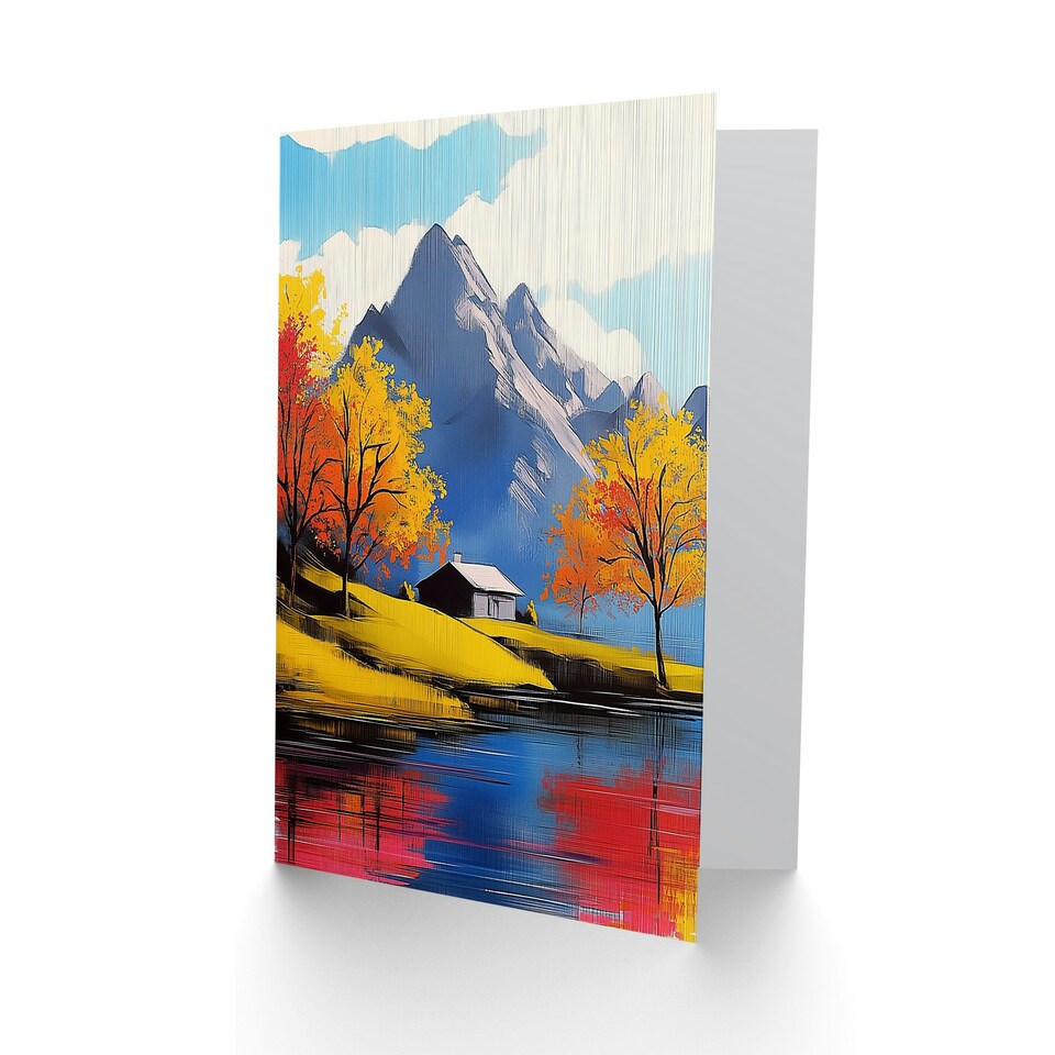 image 1 of Lakehouse Cottage Mountain Lake Autumn Landscape Birthday Greeting Card