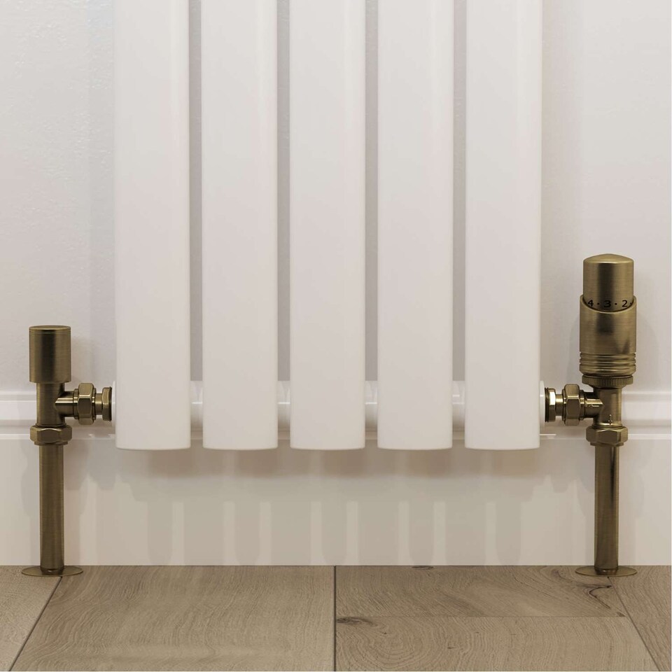 image 1 of Talus Bold - Antique Brass Thermostatic Radiator Valve & Lockshield Angled 15mm