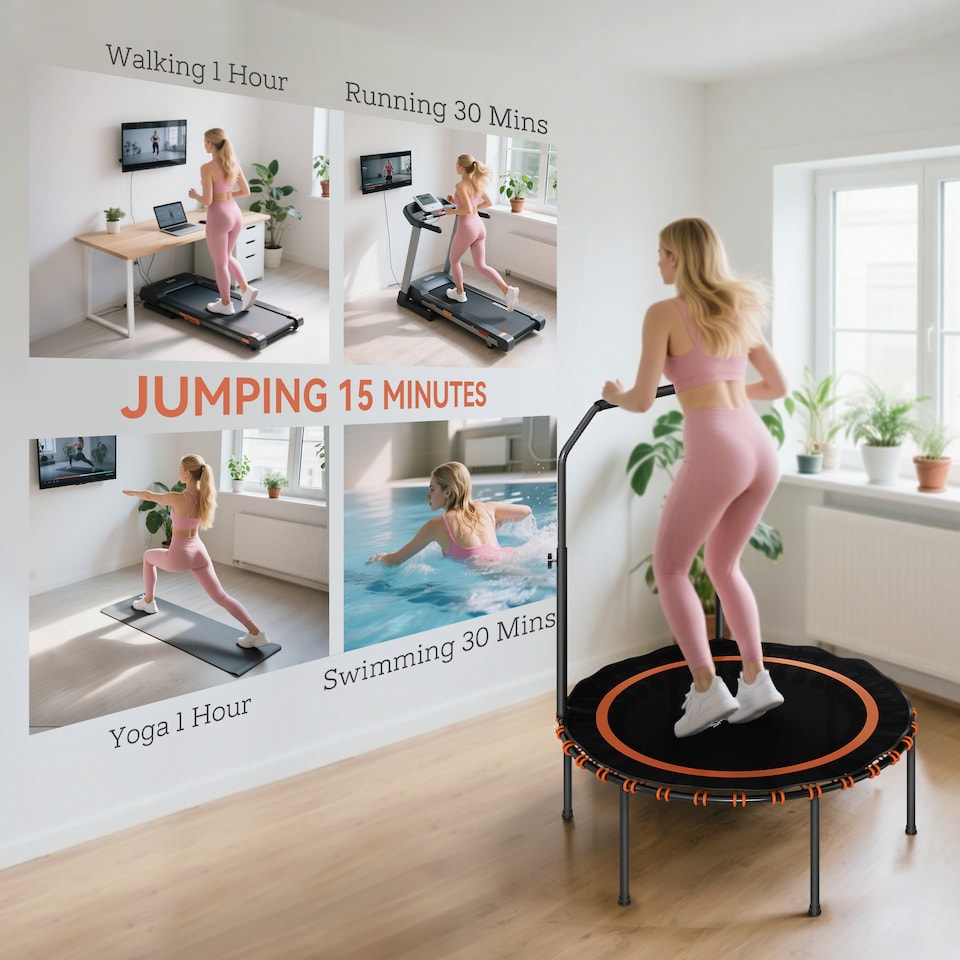 image 1 of SPORTNOW 40'' Foldable Fitness Trampoline, Mini Trampoline Bungee Rebounder with 5-Level Adjustable Handle for Adults Indoor Outdoor Exercise, Orange | Orange