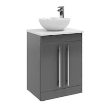 2-Door Floor Standing Vanity Unit with Sit-On Basin and Worktop 600mm Wide - Storm Grey Gloss - Brassware Not Included | Grey | Grey | 1