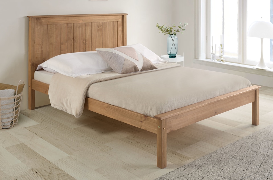 image 1 of 5ft King Size Waxed Pine,Wood,Wooden Low Foot End,Solid Panel Bed Frame.Shaker Style | Clear | Pine | King