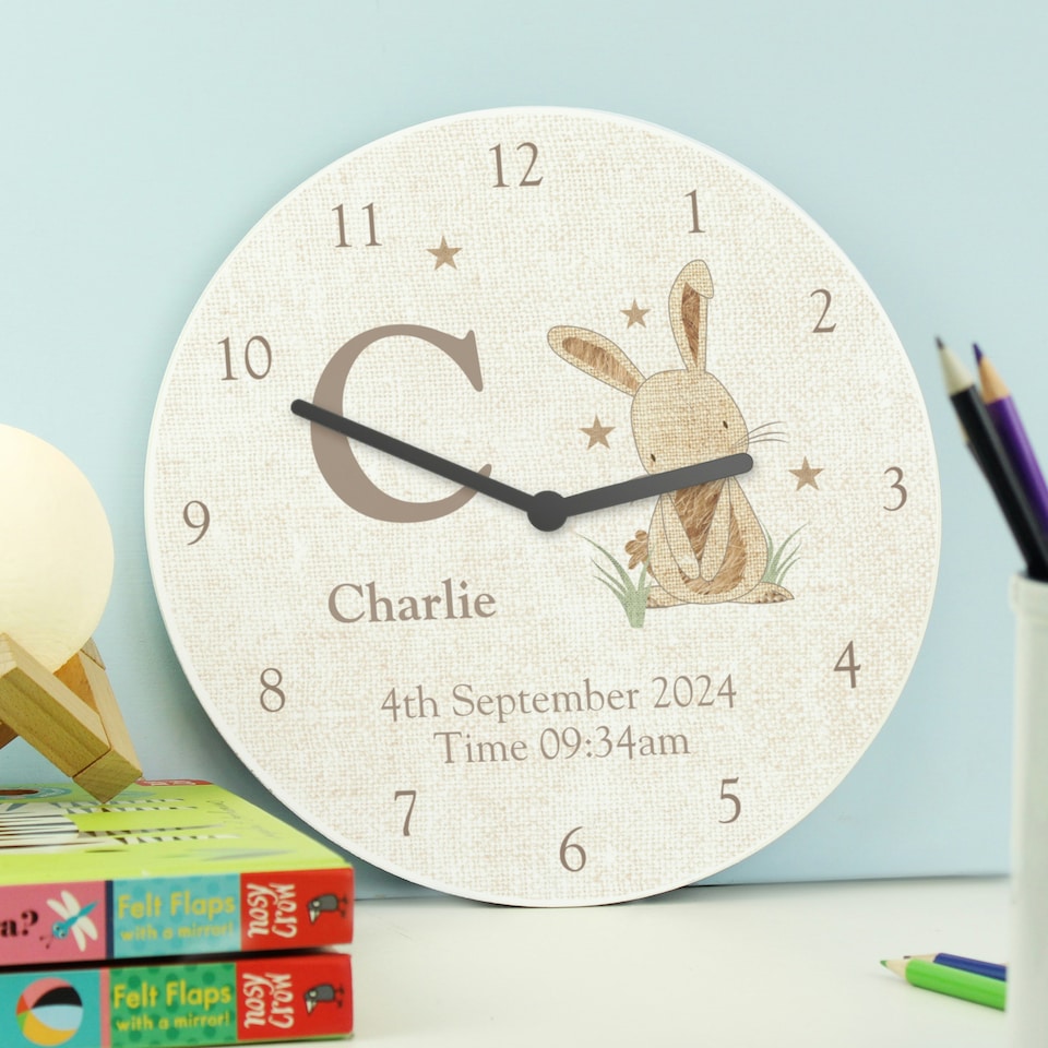 image 1 of Personalised Hessian Rabbit Shabby Chic Large Wooden Clock