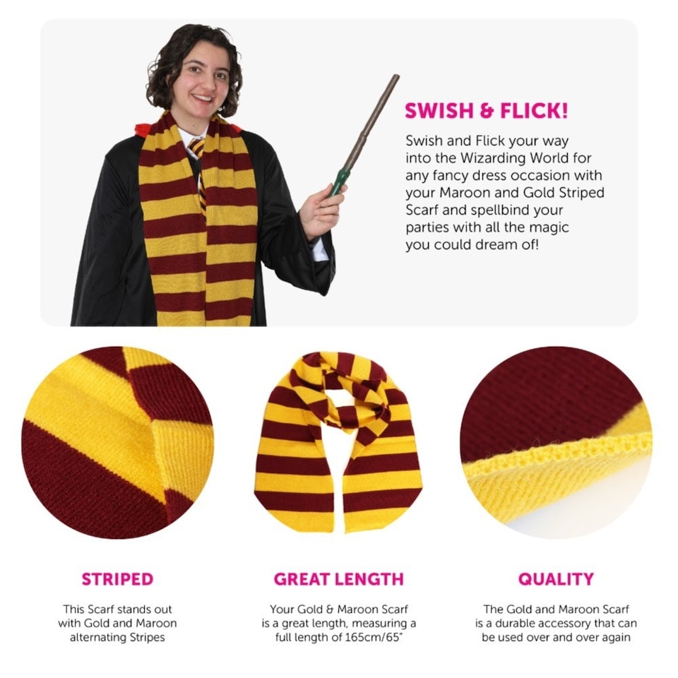 image 1 of Maroon & Gold Striped Wizard Scarf Gold | One Size
