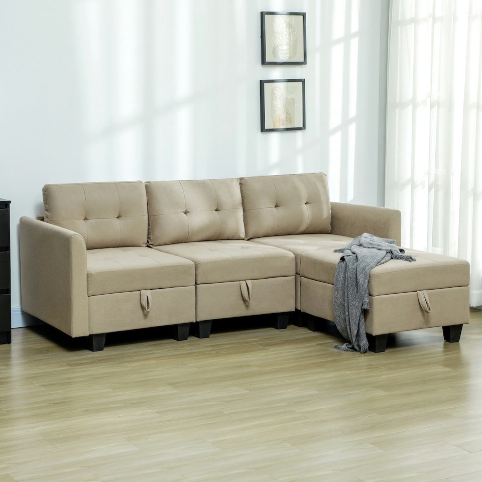image 1 of HOMCOM Convertible Modular Sectional Sofa w/ Storage Light Brown