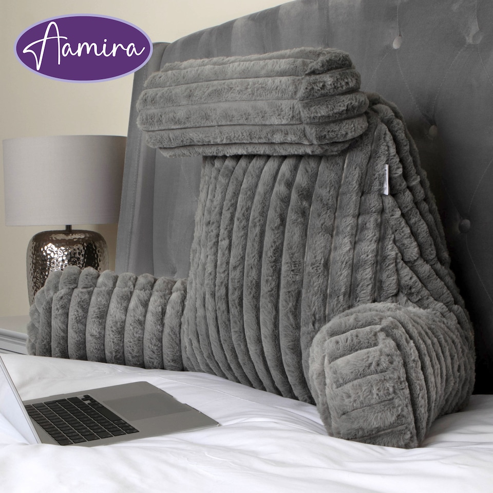 image 1 of Aamira Reading Pillow Grey Faux Fur Ribbed Memory Foam Support Cushion | Grey | Grey | Standard | 1