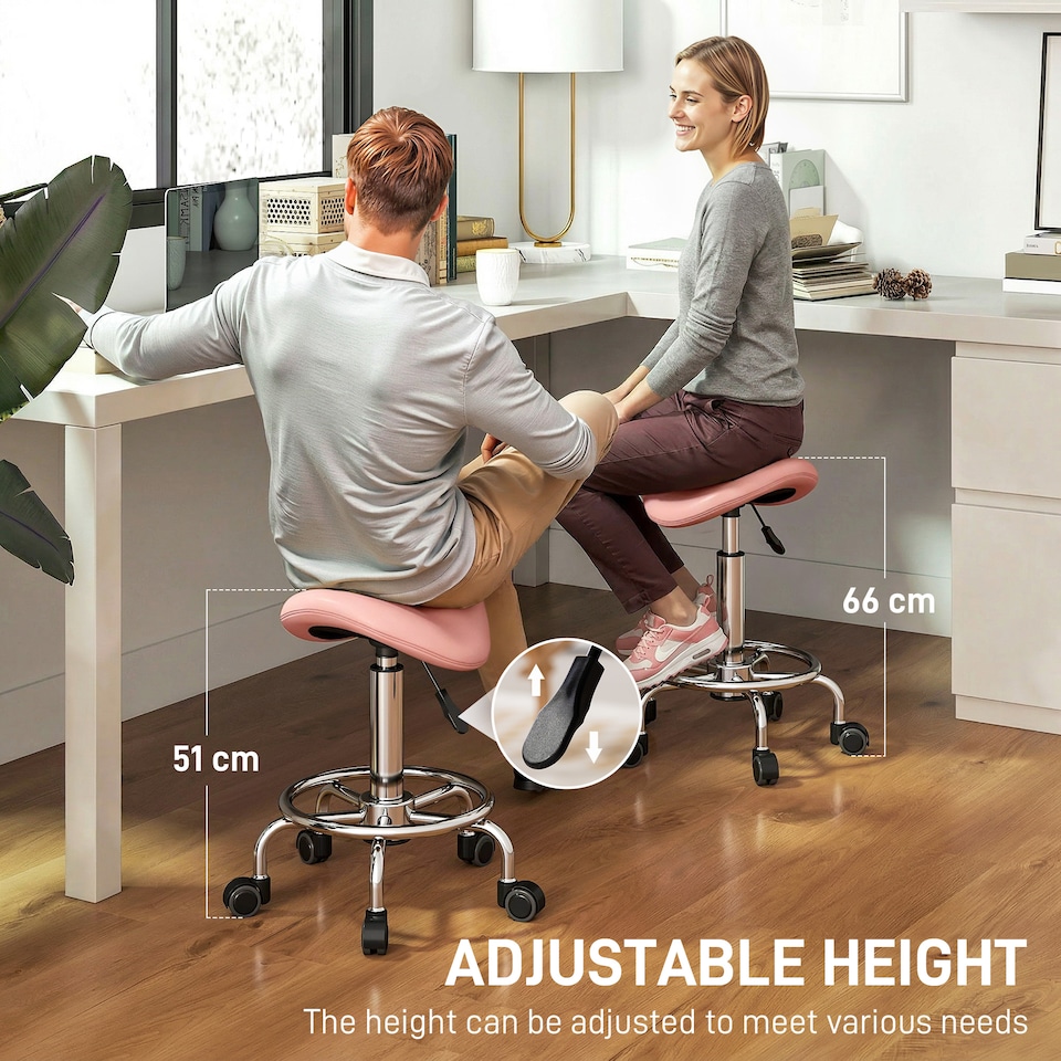 image 1 of HOMCOM Saddle Chair, Rolling Salon Stool for Massage Spa | Pink | Pink | 36.5 x 37.5 x 51-66 cm