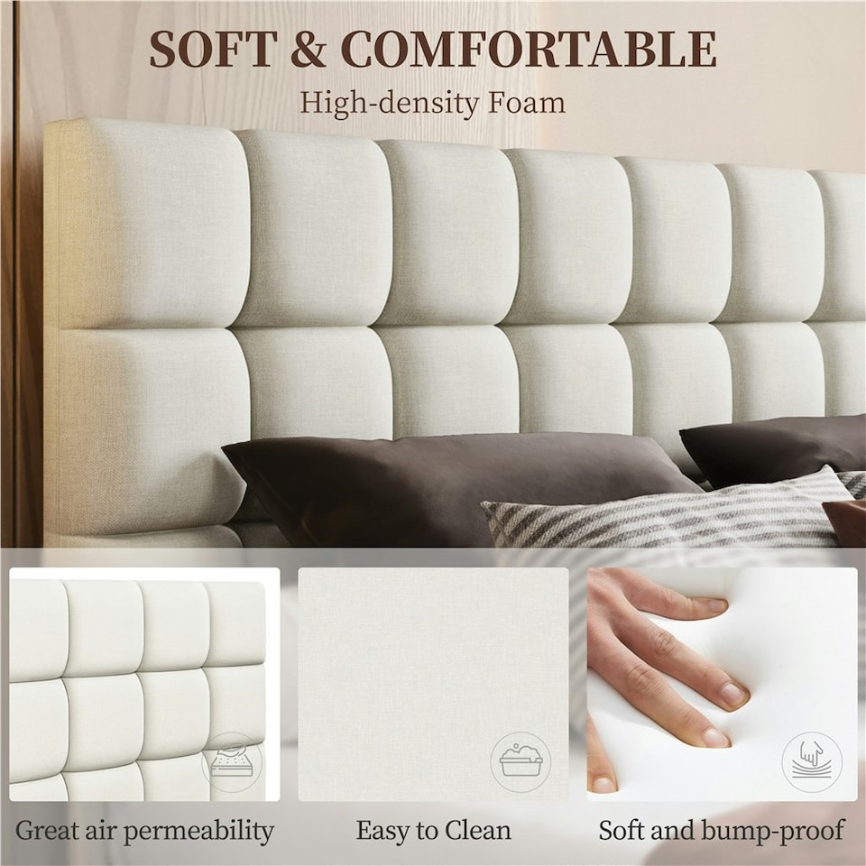 image 1 of Yaheetech 150 cm W × 200 cm L Upholstered Bed Frame Beige